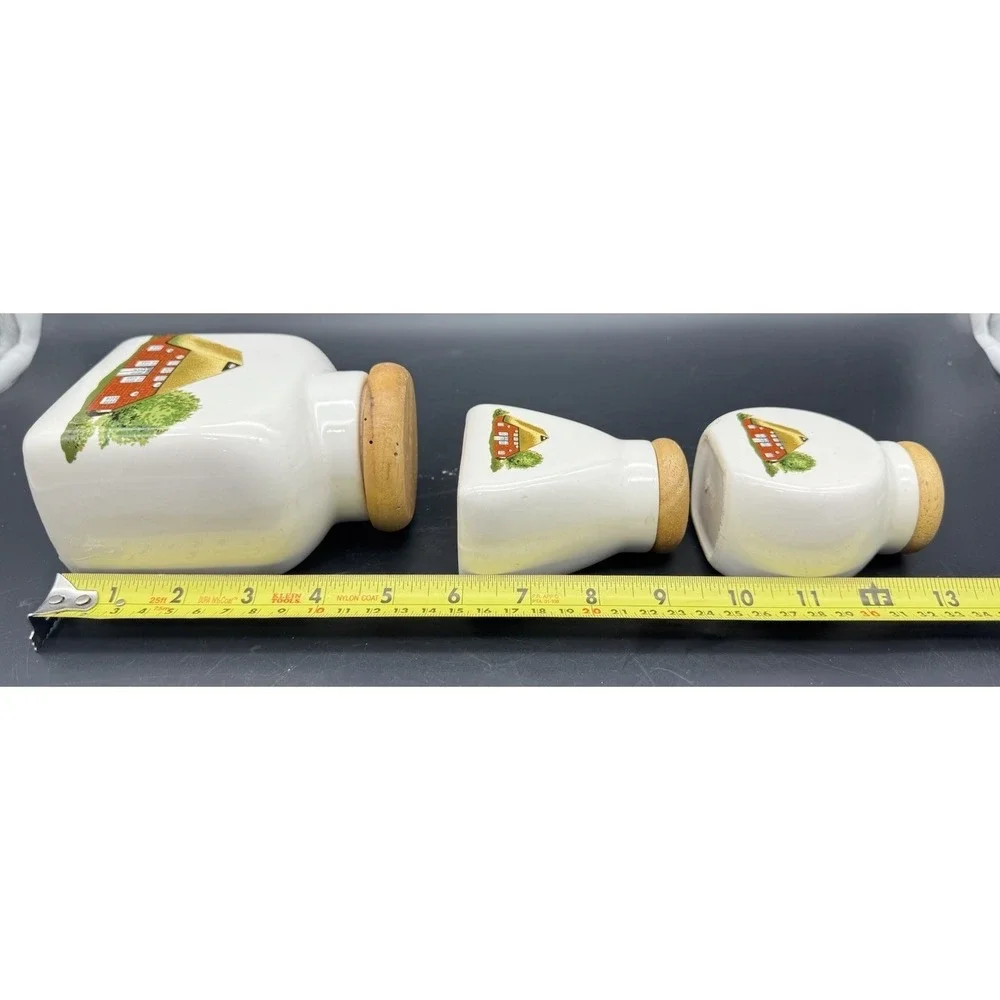 European Ceramic Canister Jars 3pc Wooden Lids Cottage Farmhouse Kitchen Decor